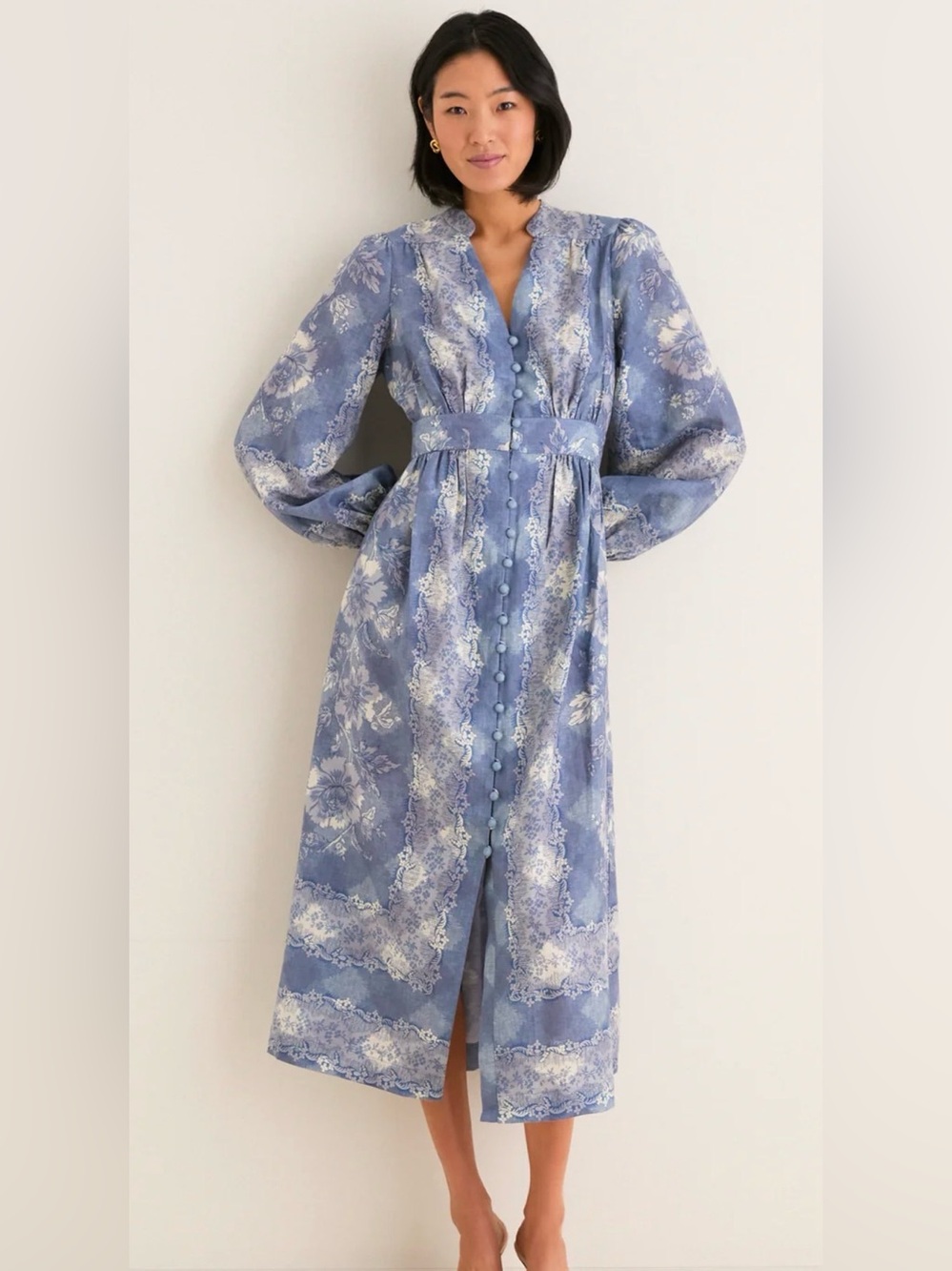 Tuckernuck Provence Hills Serena Dress Linen Cotton Blue Floral Size S